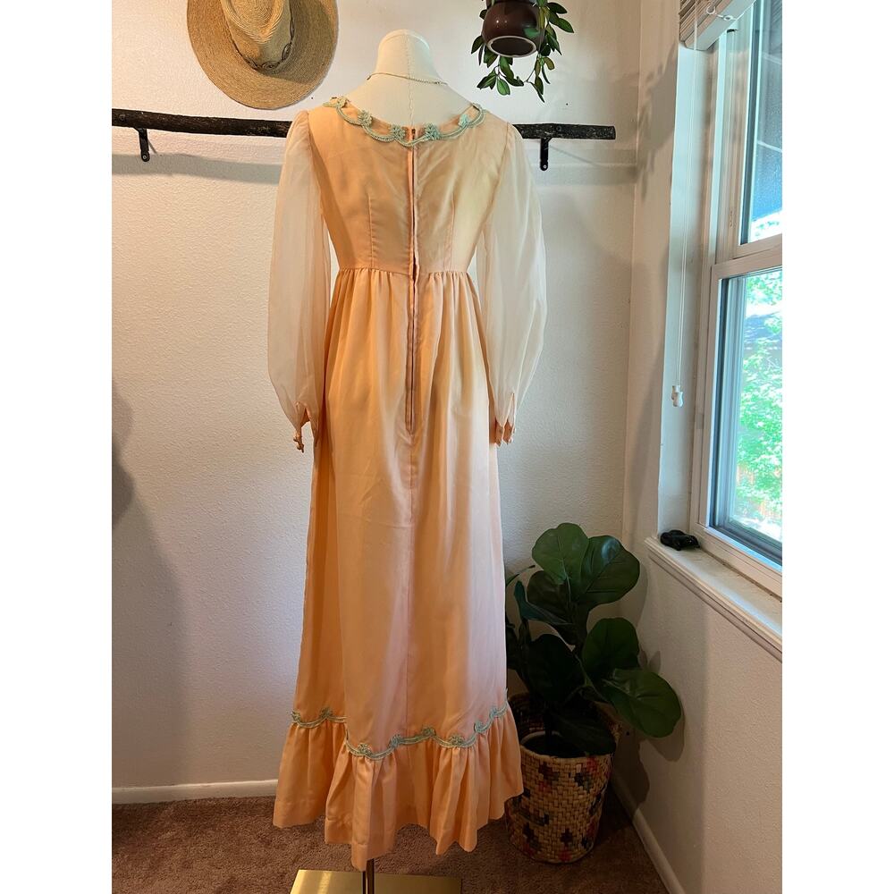 Vintage 60s Peach Green Floral Trim Princess Puffed Long Sleeve Dress Size Small - Picture 14 of 15